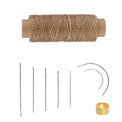 9 tk nahaõmbluskomplekt koos mitmevärvilise vahatatud niidiga kuldse sõrmkübara ja nahast õmblusnõeltega nahast käsitöö tegemiseks