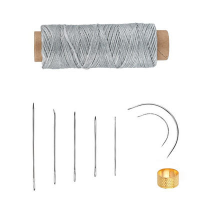 9 tk nahaõmbluskomplekt koos mitmevärvilise vahatatud niidiga kuldse sõrmkübara ja nahast õmblusnõeltega nahast käsitöö tegemiseks