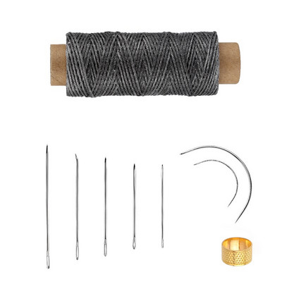 9 tk nahaõmbluskomplekt koos mitmevärvilise vahatatud niidiga kuldse sõrmkübara ja nahast õmblusnõeltega nahast käsitöö tegemiseks