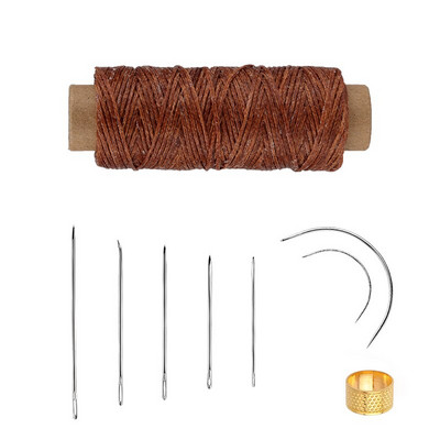 9 tk nahaõmbluskomplekt koos mitmevärvilise vahatatud niidiga kuldse sõrmkübara ja nahast õmblusnõeltega nahast käsitöö tegemiseks