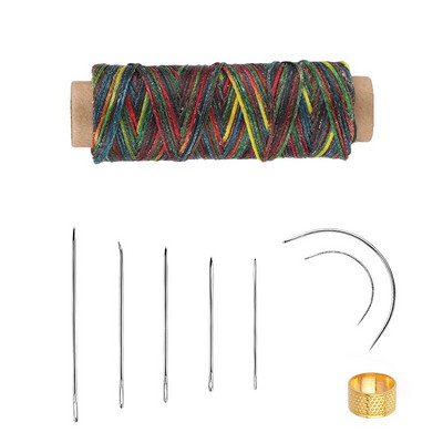 9 tk nahaõmbluskomplekt koos mitmevärvilise vahatatud niidiga kuldse sõrmkübara ja nahast õmblusnõeltega nahast käsitöö tegemiseks