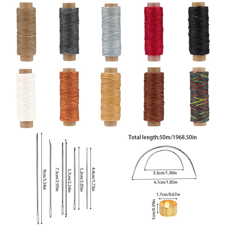 9 tk nahaõmbluskomplekt koos mitmevärvilise vahatatud niidiga kuldse sõrmkübara ja nahast õmblusnõeltega nahast käsitöö tegemiseks