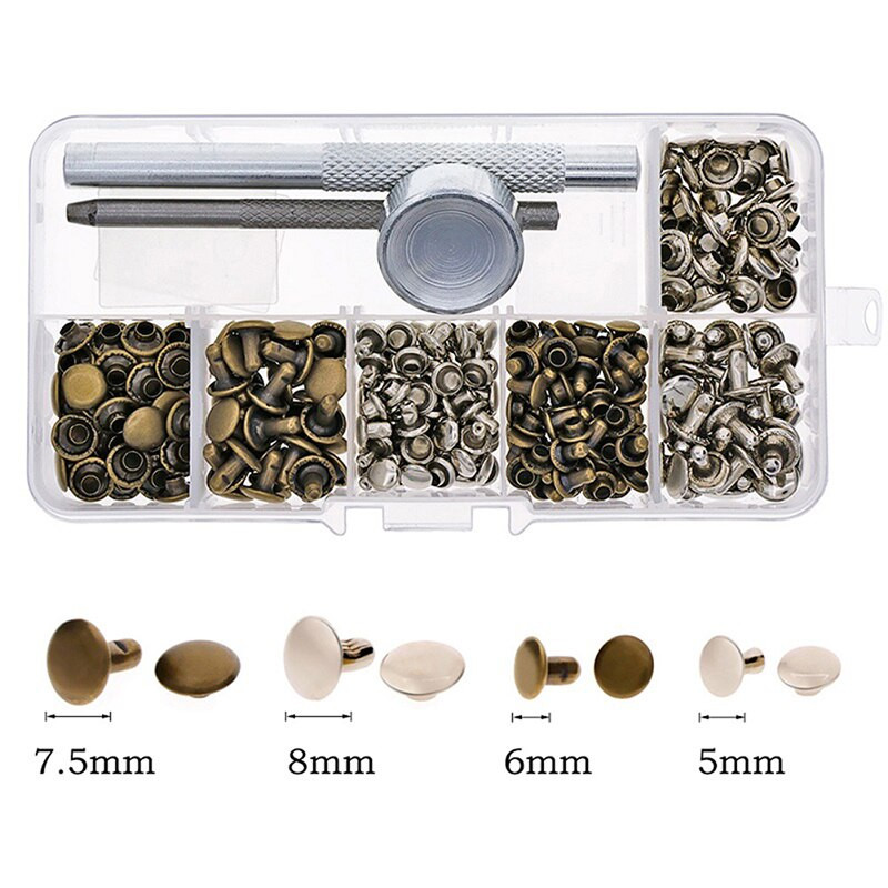 120 komplekti uued nahast needid, ühe korgiga needid, torukujulised metallnaastud koos kinnitustööriistade komplektiga nahast käsitöö parandamiseks