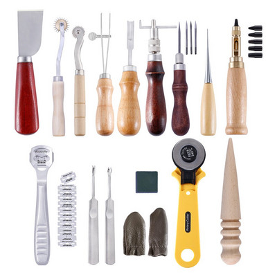 Kit de piele Set de instrumente pentru artizanat din piele Cutter de mână Sculptură Cusătură Poanson Sculptură Awl din piele Ace pentru începători HJ