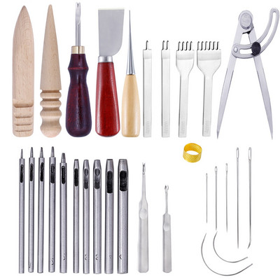 Kit de piele Set de instrumente pentru artizanat din piele Cutter de mână Sculptură Cusătură Poanson Sculptură Awl din piele Ace pentru începători HJ