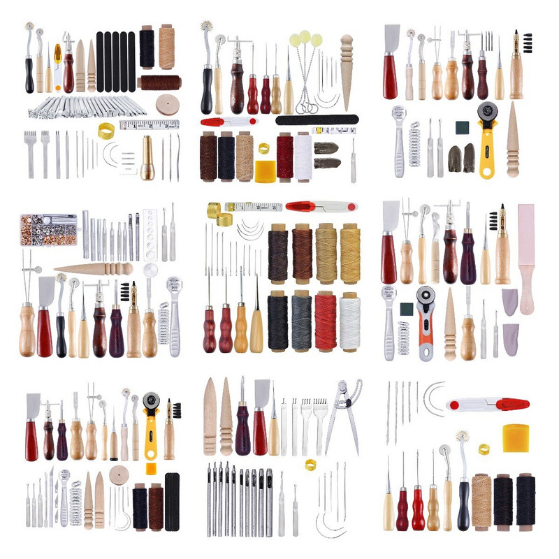 Kit de piele Set de instrumente pentru artizanat din piele Cutter de mână Sculptură Cusătură Poanson Sculptură Awl din piele Ace pentru începători HJ