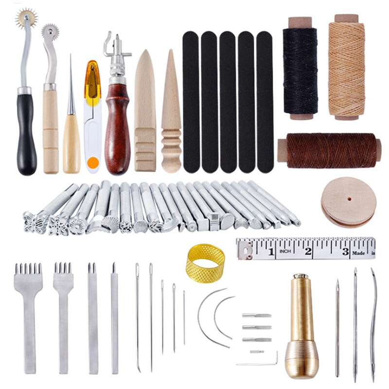 Kit de piele Set de instrumente pentru artizanat din piele Cutter de mână Sculptură Cusătură Poanson Sculptură Awl din piele Ace pentru începători HJ