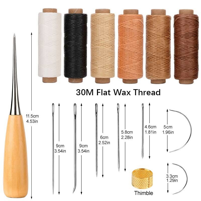 Χάλκινη λαβή ραψίματος Awl Kit με 30M Επίπεδη κερωμένη κλωστή Βελόνες ραψίματος με μεγάλα μάτια Νήμα ψαλίδι για παπούτσι από καμβά Εργαλείο επισκευής