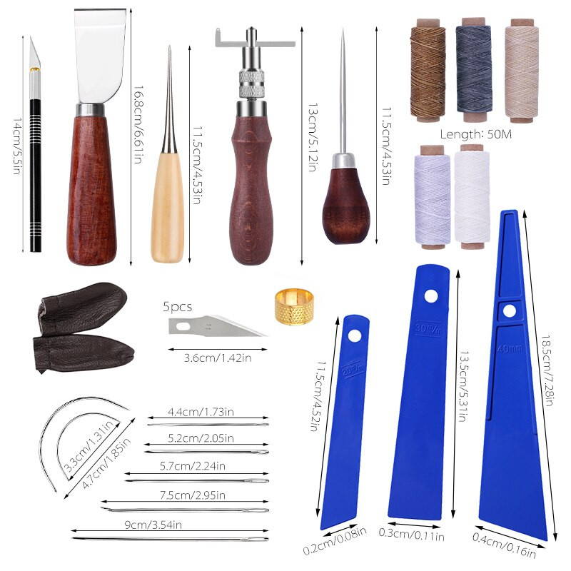 MIUSIE Set de instrumente profesionale pentru artizanat din piele Instrument de cusut manual cu cuțit de sculptat Instrument de tăiat piele pentru prelucrarea pielii
