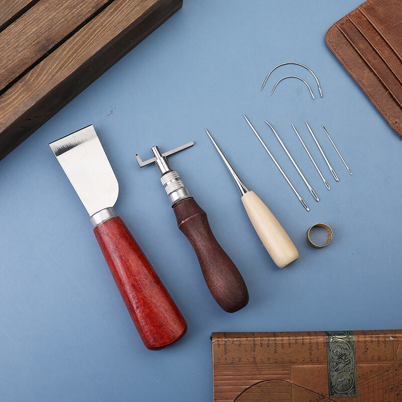 MIUSIE Set de instrumente profesionale pentru artizanat din piele Instrument de cusut manual cu cuțit de sculptat Instrument de tăiat piele pentru prelucrarea pielii