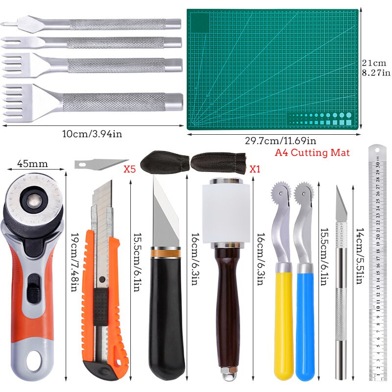 Set de scule multifuncționale din piele MIUSIE, cu instrument de perforare, lucru pentru sculptură, cuțit de tăiat piele, cusut cusut pentru lucrările de piele