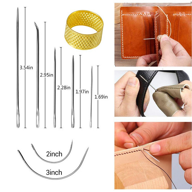 16 bucăți/set Kit de cusut din piele Set de cusut de mână Ace de cusut Set de fire de ceară pentru artizanat din piele Instrumente pentru prelucrarea pielii