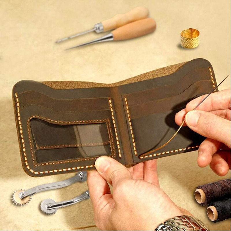 16 bucăți/set Kit de cusut din piele Set de cusut de mână Ace de cusut Set de fire de ceară pentru artizanat din piele Instrumente pentru prelucrarea pielii