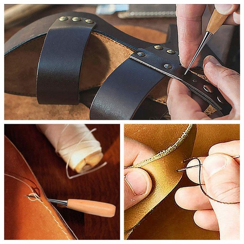16 bucăți/set Kit de cusut din piele Set de cusut de mână Ace de cusut Set de fire de ceară pentru artizanat din piele Instrumente pentru prelucrarea pielii