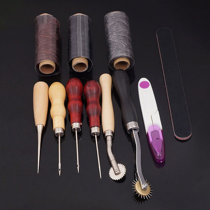 18 бр./компл. Професионален набор от инструменти за кожени занаяти Домашно ръчно шиене, шевове, перфоратор, дърворезба, работно седло, кожени аксесоари