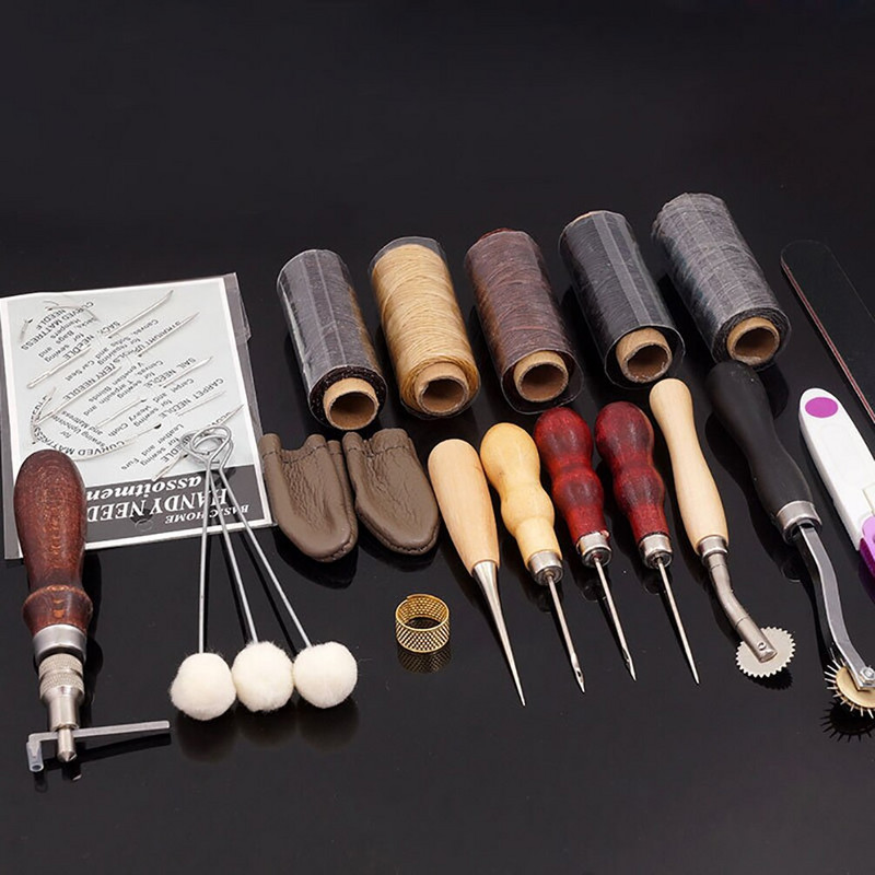 18 бр./компл. Професионален набор от инструменти за кожени занаяти Домашно ръчно шиене, шевове, перфоратор, дърворезба, работно седло, кожени аксесоари