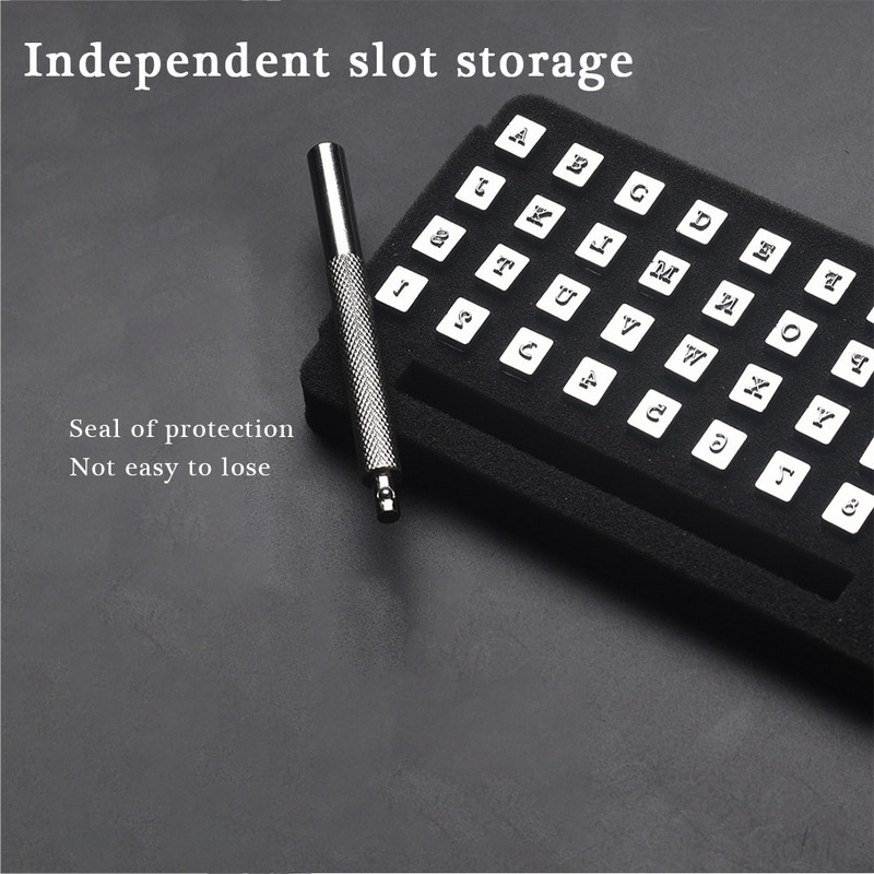 36 tk. Süsinikterasest tähestiku number, nahast templite stantsimiskomplekt isetegemise teel, graveerimine, naha käsitöötööriist metallist kaubamärgiga trükivorm