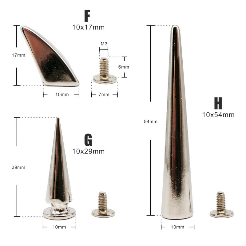 10 rinkinių Metal Decor Punk Bullet Warhead Spike Cone Atsukamas Sraigtinis Kniedės Smeigtukas „Pasidaryk pats“ Odiniai amatai Krepšys Diržas Striukė Batai