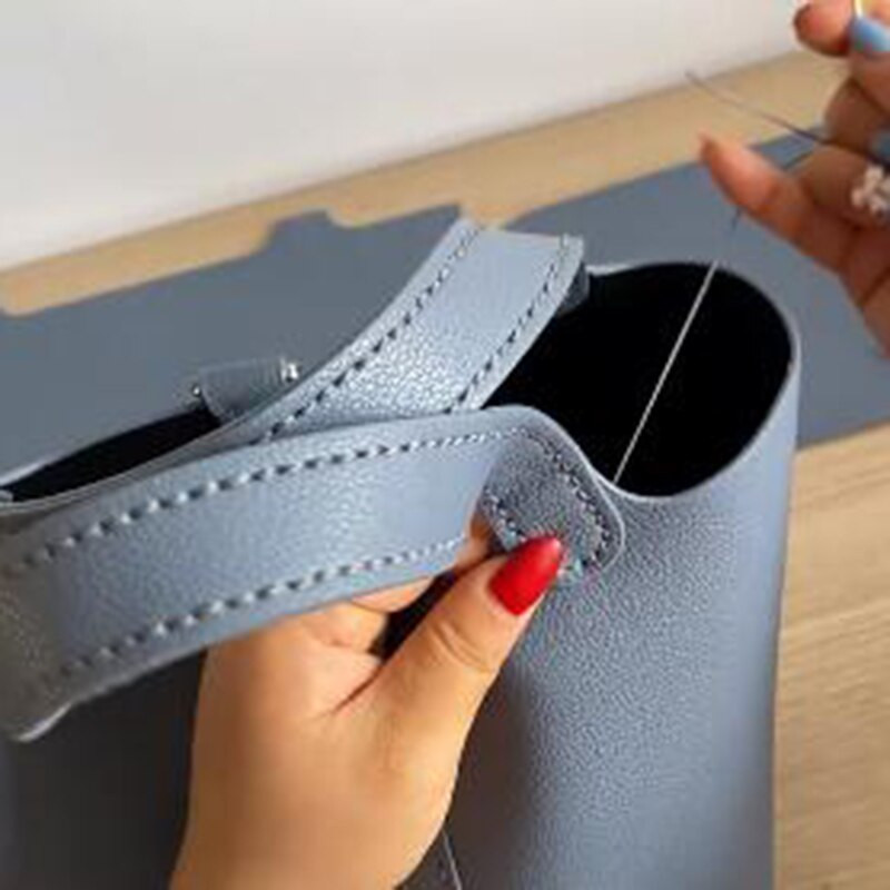 1 set de geantă de mână pentru cusut manual din piele, cusătură manuală, cu accesorii, produs semifabricat, material PU pentru femei