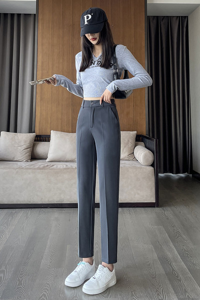 Pantaloni casual de damă cu talie înaltă cu model drept