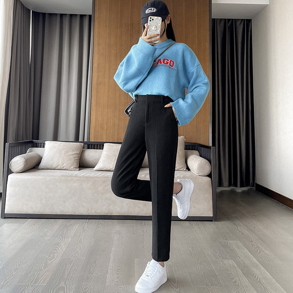 Moderne ženske hlače s visokim strukom i džepom - ravni model