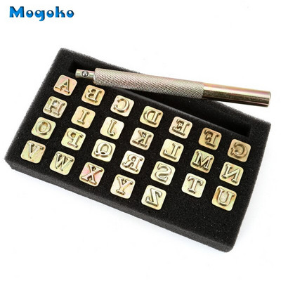Mogoko 27 τεμ. Leathercarft Σετ εργαλείων σφράγισης 26 γραμμάτων Alphabet Stamps Steel Punch Tool 6mm +1 Stamping Hand for Leather Craft