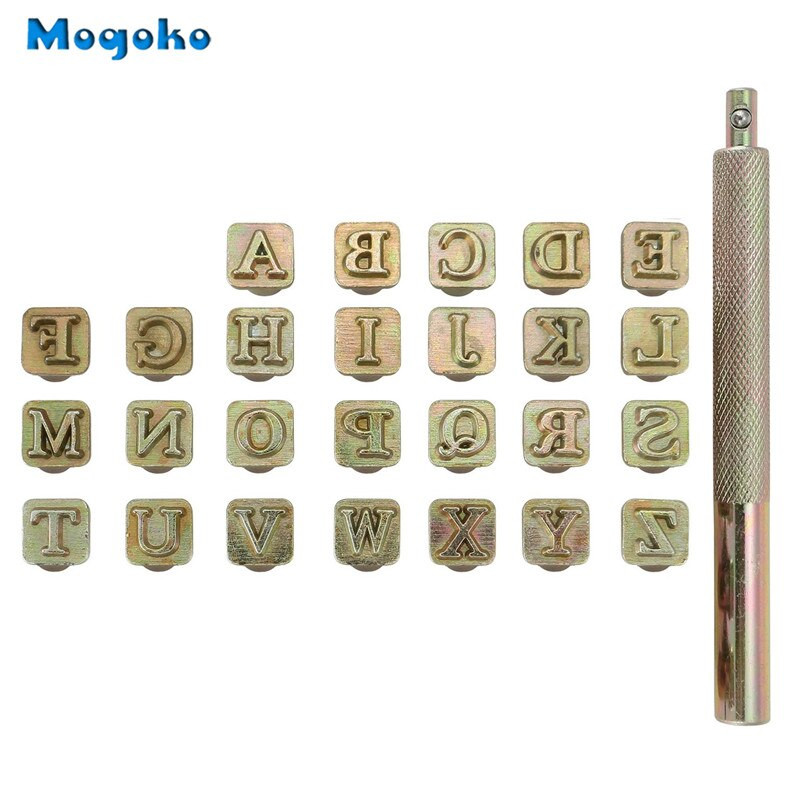 Mogoko 27 τεμ. Leathercarft Σετ εργαλείων σφράγισης 26 γραμμάτων Alphabet Stamps Steel Punch Tool 6mm +1 Stamping Hand for Leather Craft