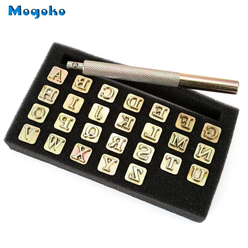 Mogoko 27 τεμ. Leathercarft Σετ εργαλείων σφράγισης 26 γραμμάτων Alphabet Stamps Steel Punch Tool 6mm +1 Stamping Hand for Leather Craft