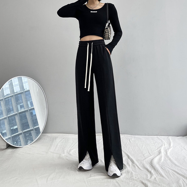 Pantaloni eleganti de dama cu talie inalta si crapaturi pe picioare