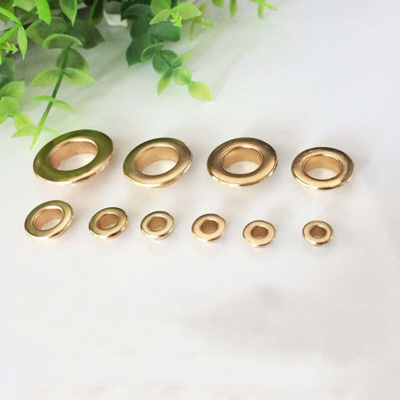 100 bucăți/lot de cupru, alamă lucioasă, garnitură cu orificiu gol, pantofi cu orificiu rotund pentru nasturi, accesorii artizanale din piele.