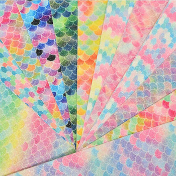A4 Ombre Glitter Pu Leather DIY Colorful Gradient Fish Scale Pattern Mermaid Handmade EMWSJW
