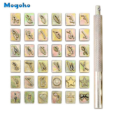 Mogoko Alphabet AZ Инструменти за щамповане на кожа Печат и щанцоване и 10 шаблона Метален кожен печат Инструмент за перфориране на кожа Кожени занаяти