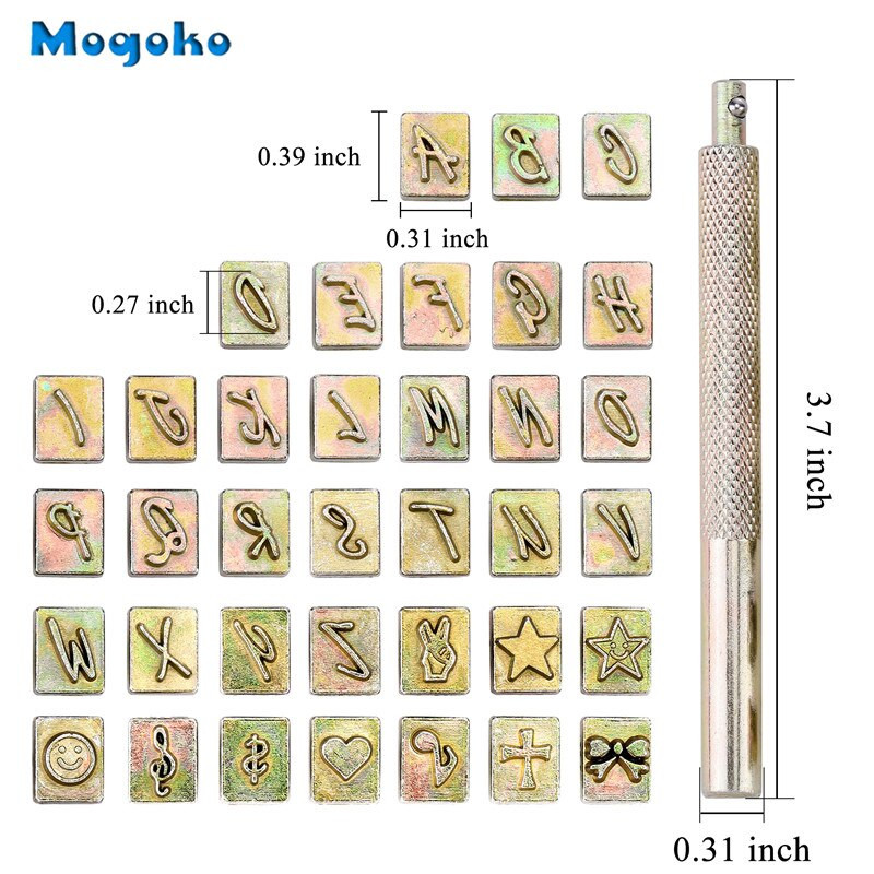 Mogoko Alphabet AZ Nahast tembeldamine, trükkimine, mulgustamistööriistad ja 10 mustrit metallist nahast tempel, nahastantsimise tööriist, nahast käsitöö