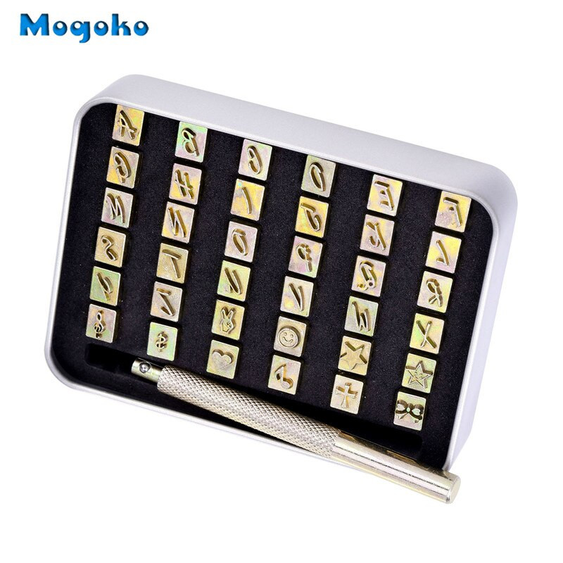 Mogoko Alphabet AZ Nahast tembeldamine, trükkimine, mulgustamistööriistad ja 10 mustrit metallist nahast tempel, nahastantsimise tööriist, nahast käsitöö