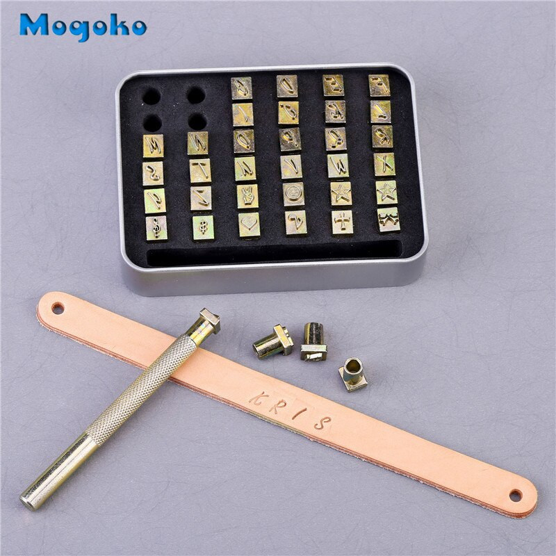 Mogoko Alphabet AZ Nahast tembeldamine, trükkimine, mulgustamistööriistad ja 10 mustrit metallist nahast tempel, nahastantsimise tööriist, nahast käsitöö