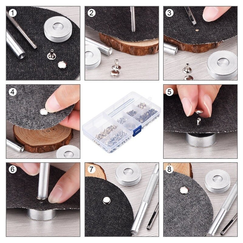 180 komplekti nahast needid, topeltkorgiga needi torukujulised metallnaastud koos 3-osalise kinnitusvahendiga nahast käsitöönahast neetide asendamiseks