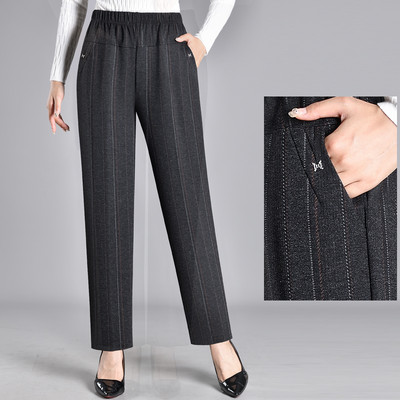 Раиран дамски панталон с еластична талия и прави крачоли