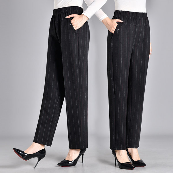 Раиран дамски панталон с еластична талия и прави крачоли