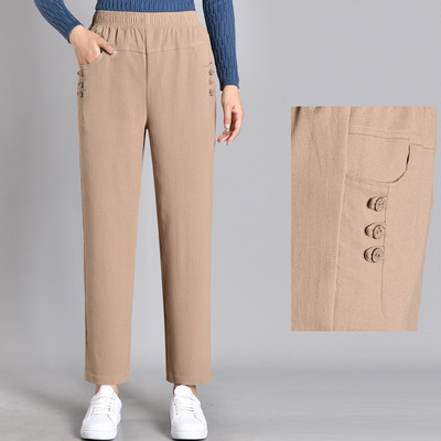 Ležerne ženske hlače s elastičnim strukom i gumbima