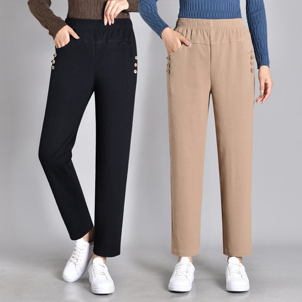 Ležerne ženske hlače s elastičnim strukom i gumbima