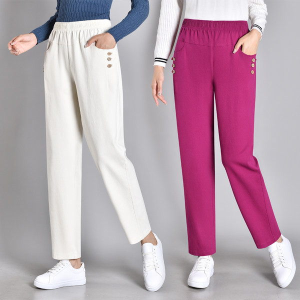 Ležerne ženske hlače s elastičnim strukom i gumbima