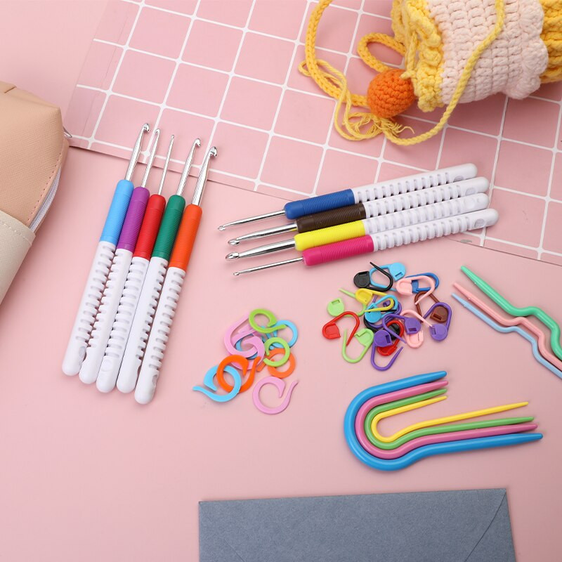 Nonvor 9 db menetes műanyag fogantyú horgolótű szett barkácsolás kötőtűk öltésjelölők szövési kiegészítők szerszámcsomaggal