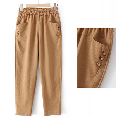 Nyári női nadrág gumírozott derékkal és gombokkal