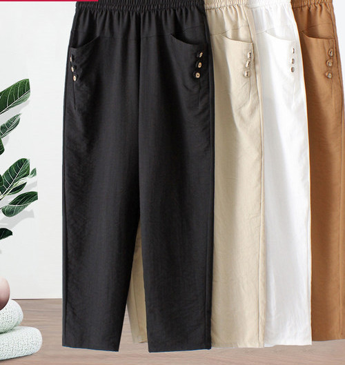 Nyári női nadrág gumírozott derékkal és gombokkal