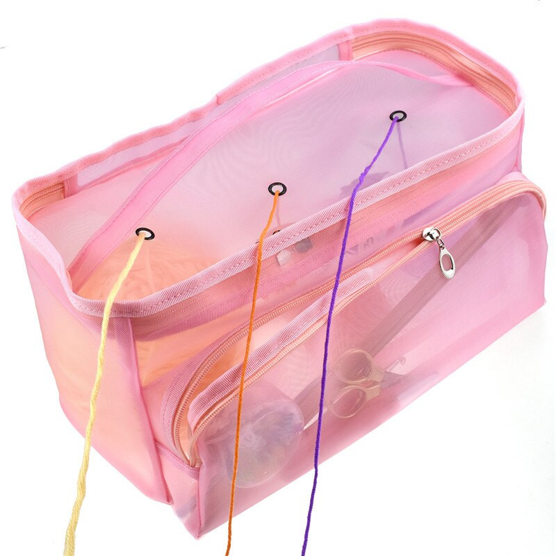 KOKNIT Geantă din plasă de depozitare a firelor pentru 3 găuri Fir de fire Blocare cu fermoar cu orificiu Genți din plasă Container croșetat Geanta portabilă ușoară