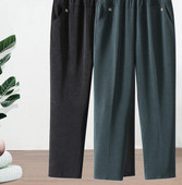 Pantaloni eleganti cu talie elastica, buzunare si element metalic