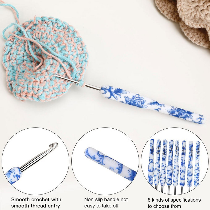 Νέο σετ βελονάκι Εργονομική λαβή Μπλε και άσπρο πορσελάνη Πλεκτό βελονάκι Βελόνες αλουμινίου Νήματα και μαλλί So Weave