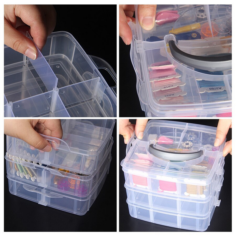 Cusut Depozitare Broderie Organizator stivuibil cu 3 niveluri Cutie container Artizanat Mărgele Bijuterii Grile detașabile Accesorii Cutie mare