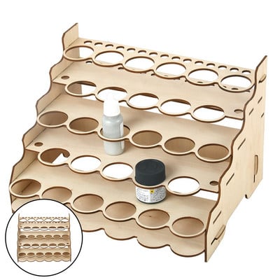 Pagrindiniai rankdarbių dažų ir teptukų laikymo stovas, telpa buteliai ir šepečiai, medžio apdaila