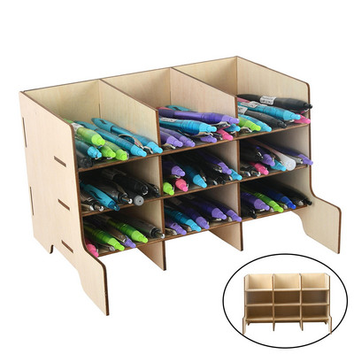 Pagrindiniai rankdarbių dažų ir teptukų laikymo stovas, telpa buteliai ir šepečiai, medžio apdaila